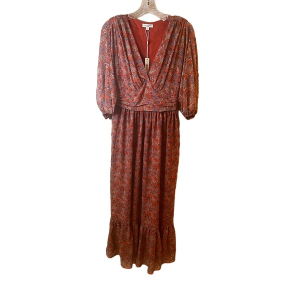 Max Studio London Floral VNeck 3/4 Sleeve Lined Maxi Dress Ruffled Hem Small NWT - Picture 1 of 10